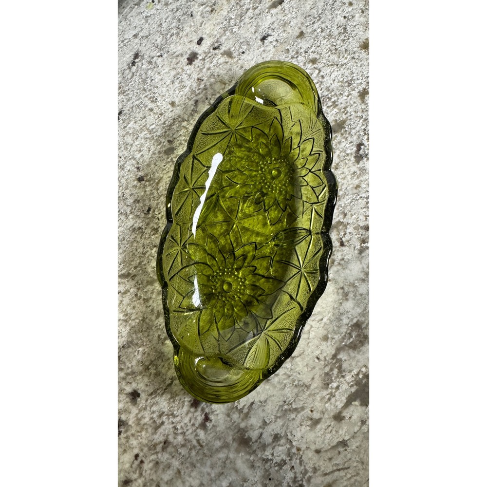 Vintage Olive Green Pressed Glass Sunflower Relish Dish Oval Serving Tray MCM
